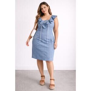 Lauren Ralph Lauren Chambray Denim Dress Size 14 Ruffle Lace Up Knee Length